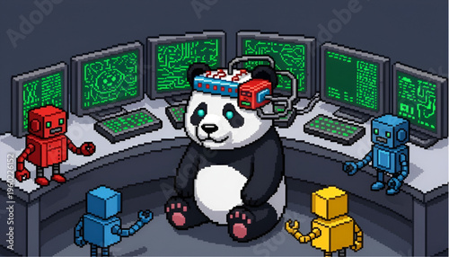 Pixel Art Panda with Cybernetic Brain in High-Tech Computer Lab
