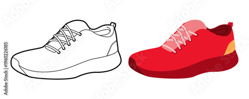 Bold running shoe flat plus line set. Stylish lightweight sport footwear for activewear collections, digital design. Technical fashion illustration, CAD mockup vector woman men unisex isolated style.