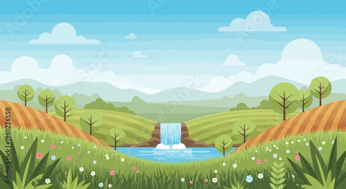 Scenic countryside landscape with a waterfall, rolling hills, and blooming wildflowers