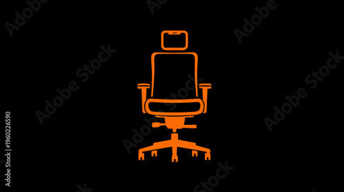 Orange outline ergonomic office chair icon on black background. Modern swivel desk chair symbol graphic illustration.