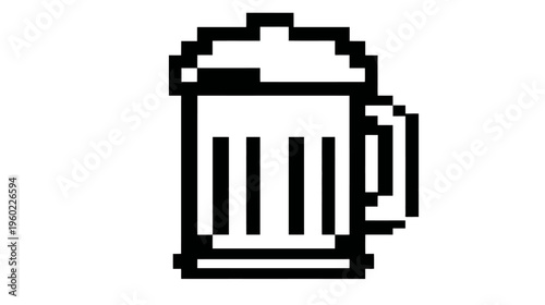 Vintage 8-bit pixel art trash can icon in black and white, perfect for retro game design, UI, and digital recycling concepts