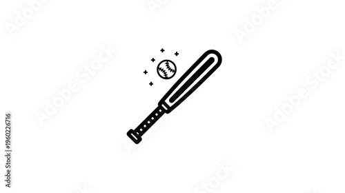 Baseball bat and ball icon, simple black line illustration for sports game equipment and recreation
