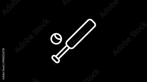 Minimalist Baseball Bat and Ball Icon Outline Vector Illustration. Sport Equipment Symbol on Black Background.
