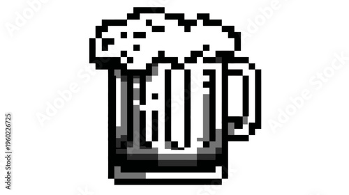 Pixel art black and white beer mug icon with frothy head, retro digital beverage illustration, simple drink graphic