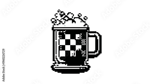 Pixel art beer mug with foam and checkered pattern, retro 8-bit style beverage icon, black and white digital illustration