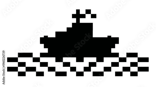 Vintage 8-bit pixel art boat on sea waves. Retro digital icon illustration for classic video game design and nostalgic themes.