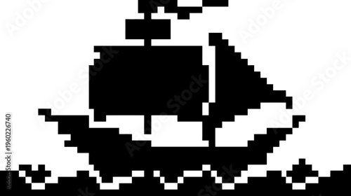 Pixel Art Sailing Ship Icon on Waves. Black and White Retro 8-bit Style Boat Silhouette for Game Design or Graphics.