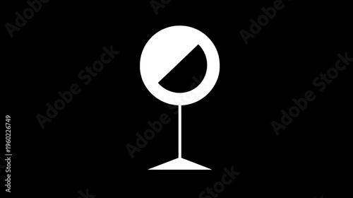 Minimalist drink glass icon with liquid, half full design. Simple vector symbol for beverages, wine, cocktails, or status indication on black.