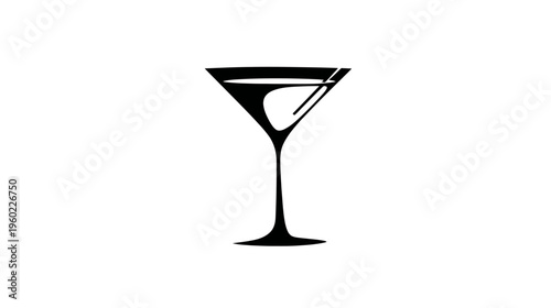 Minimalist black martini glass silhouette icon with a garnish. Elegant graphic for cocktails, drinks, bar, and celebration themes.