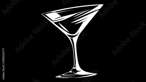 Elegant white outline martini cocktail glass vector illustration on black background. Stylized drinkware design element for beverages