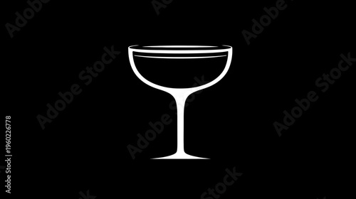 Elegant white outline coupe cocktail glass icon on black background, minimalist vector illustration for drinks, bar, and party designs.