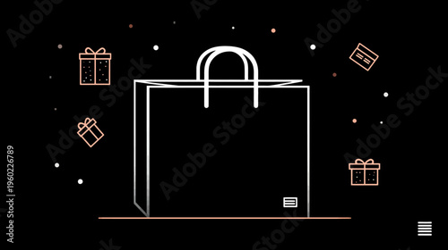 Minimalist animation of a shopping bag surrounded by gift boxes and payment icons on a dark background, representing online retail sales.