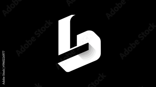 Modern abstract white stylized letter B or D graphic with a folded paper or ribbon effect on a sleek black background, elegant design element.
