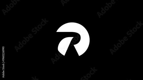 Modern minimalist stylized letter R logo concept in white within a circle on a black background, abstract initial design icon