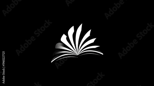 Modern abstract white open book graphic with fanned pages on a dark background, representing education, knowledge, and wisdom