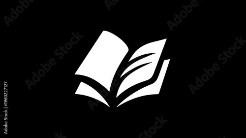 Minimalist white open book icon on black background, symbolizing education, reading, learning, knowledge, literature, and stories.