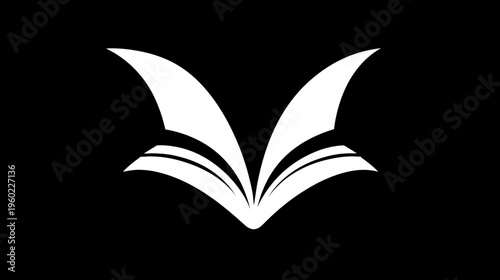 Stylized open book graphic symbol for education, knowledge, wisdom, and learning. Abstract literary icon concept on black.