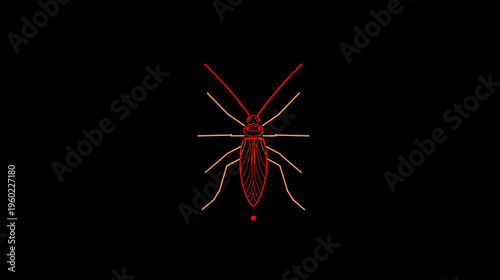 Abstract Line Art Insect Icon: Stylized Red and Beige Beetle or Roach Outline on a Dark Background, Minimalist Pest Vector Graphic