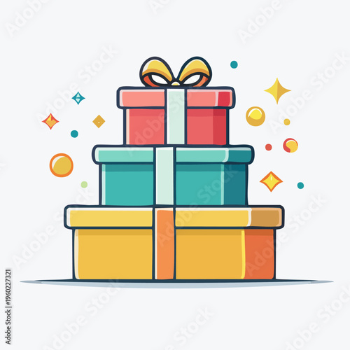 Stack of Colorful Gift Boxes Tied with Ribbons and Bows.