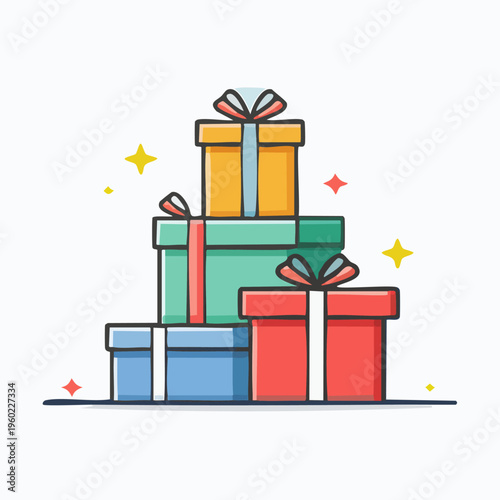 Stack of Colorful Gift Boxes with Ribbons and Stars.