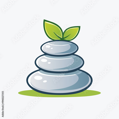 Stack of Smooth Gray Stones with Green Leaves on Top.