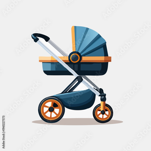 Stylish baby stroller with blue and orange color scheme, side view.
