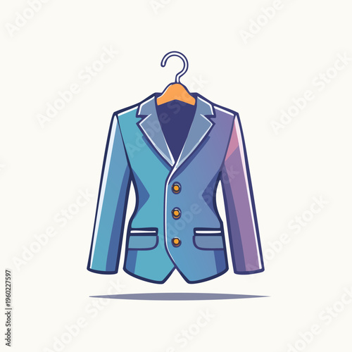 Stylish blue business suit jacket on a hanger illustration.