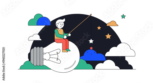 Man sitting on giant light bulb.