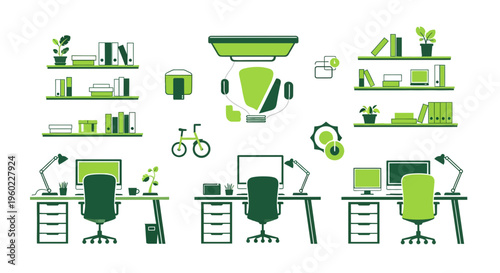 Modern Office Workspace with Desks Chairs.