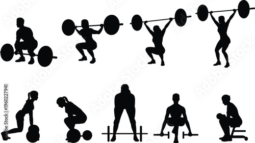 Weightlifting silhouettes collection, barbell and dumbbell exercises, strength training poses, fitness workout, gym sport vector illustration design set