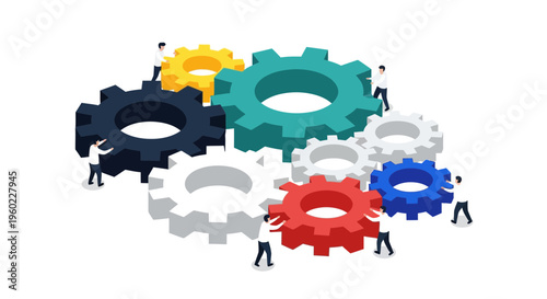 People working together with gear wheels.