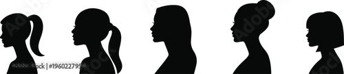Female hairstyle silhouettes collection, ponytail, bun, bob, straight hair, women profile heads, fashion design vector illustration set