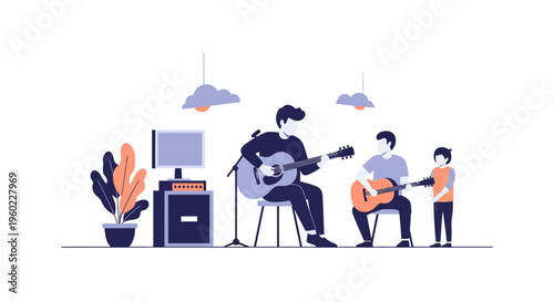 Three musicians playing guitars together.