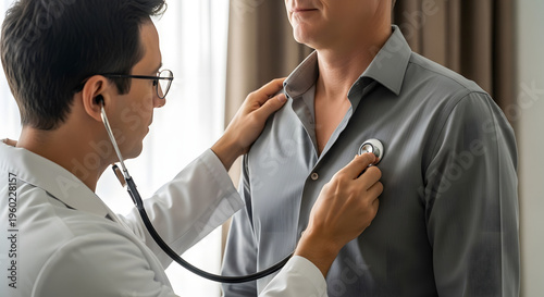 Male Doctor Examining Patient's Chest with Stethoscope for Respiratory or Heart Conditions