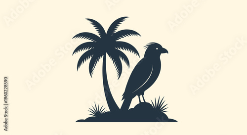 Tropical bird standing under a palm tree.