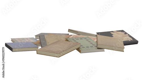 Old books scattered on a flat surface in a 3D rendering scene during an indoor setting