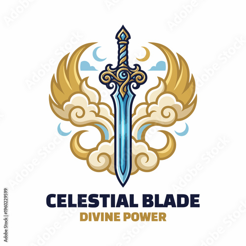 This image features a beautifully designed sword amidst stylized clouds and wings, representing divine power and mythical strength, perfect for fantasy themes.