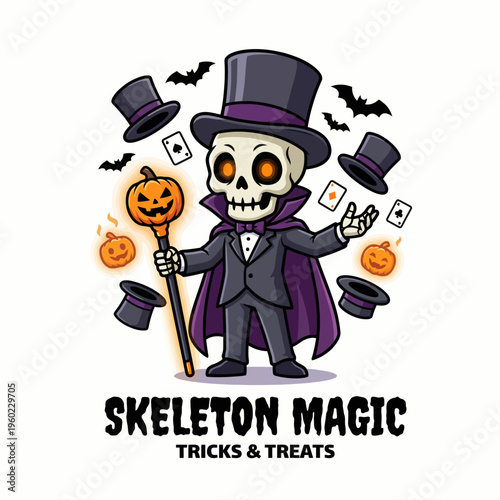 This spooky skeleton character, dressed in a magician's outfit and holding themed props, captures the essence of Halloween magic and fun, ideal for tricks and treats promotions.