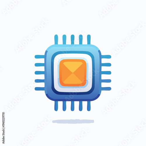 Stylized blue computer processor chip icon illustration.