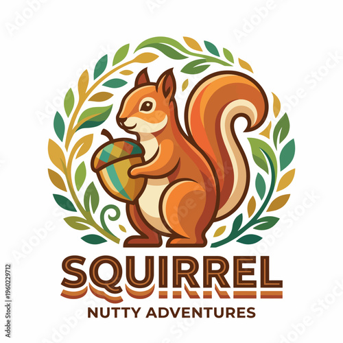 This charming squirrel character, clutching an acorn amidst a leafy backdrop, evokes feelings of playfulness and adventure, making it perfect for children's books or nature themes.