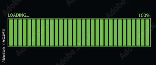 Vector illustration of a green loading bar isolated on a black background for websites and graphic resources. 100% loaded bar.