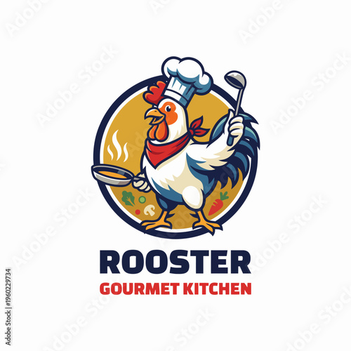 The vibrant rooster character adorned with a chef's hat and cooking utensils embodies culinary creativity and passion, perfect for a gourmet kitchen theme or culinary brand.
