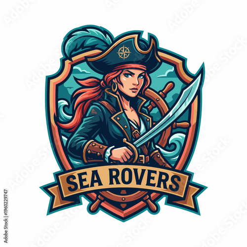 A fierce pirate woman image, complete with sword and hat, capturing the spirit of adventure, ideal for brands and projects focusing on empowerment and daring.