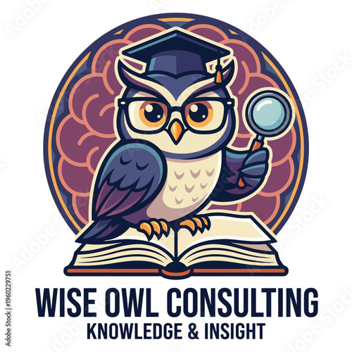 An intelligent owl graphic, complete with glasses and a book, symbolizes knowledge and insight, perfect for educational or consulting businesses aiming to promote wisdom.