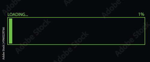 Vector illustration of a green loading bar isolated on a black background for websites and graphic resources. 1% loaded bar.