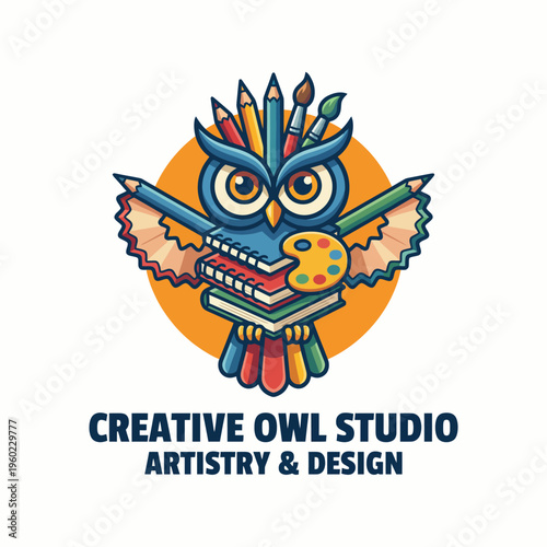This artistic owl logo cleverly combines various creative tools, representing a hub of artistry, innovation, and design for creatives looking to express themselves.