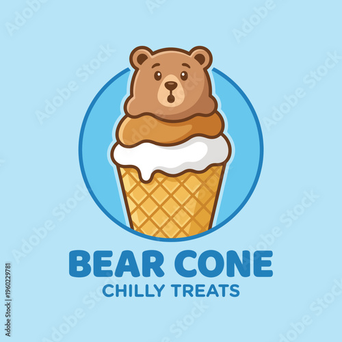 This delightful bear cone logo illustrates a cute bear atop a delicious ice cream cone, perfect for any chilly treats shop aimed at family and friend enjoyment.