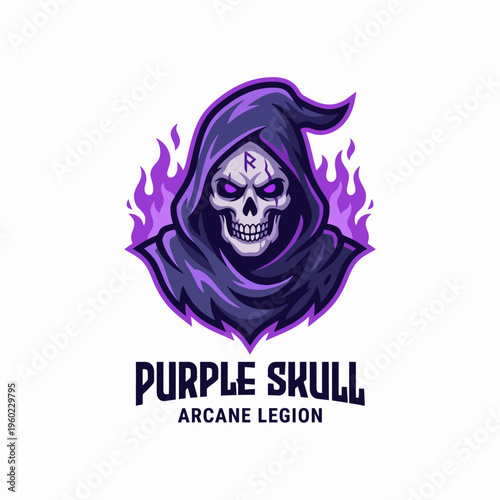 This ominous skull logo features a mysterious figure, encapsulated in purple flames, representing power, intrigue, and an edgy aesthetic perfect for a gaming or fantasy brand.