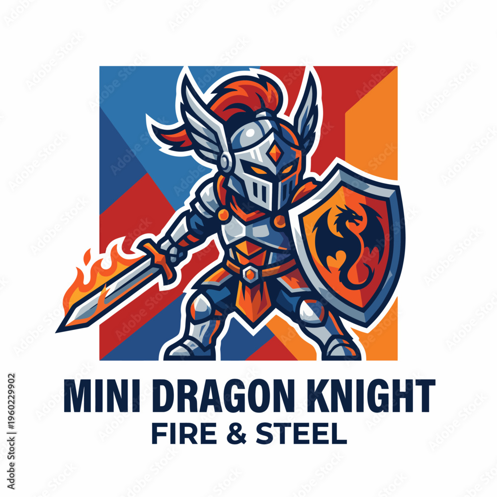 Fototapeta premium A fierce mini dragon knight in shining armor, wielding a sword and shield, symbolizes bravery and adventure, making it ideal for fantasy gaming or merchandise branding.