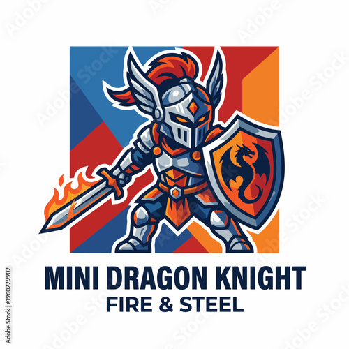 A fierce mini dragon knight in shining armor, wielding a sword and shield, symbolizes bravery and adventure, making it ideal for fantasy gaming or merchandise branding.